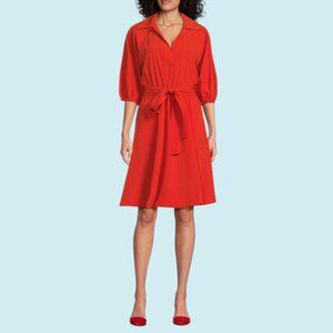 Calvin Klein Dress Size 6 Red Orange Belted Midi length V-Neck Stretch Waist NWT